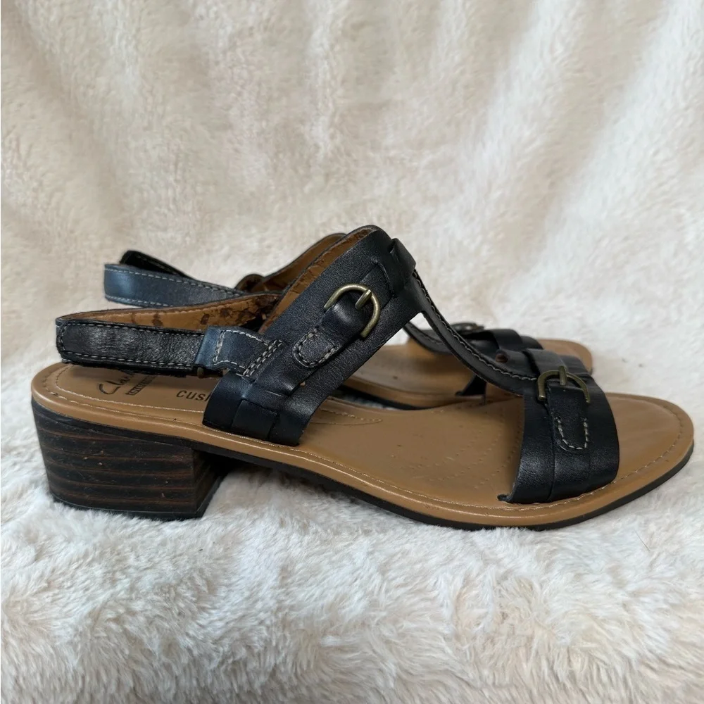 Clark's Collection Madalyn Black Leather Sandals Womens Sz 8.5 *Flaw*